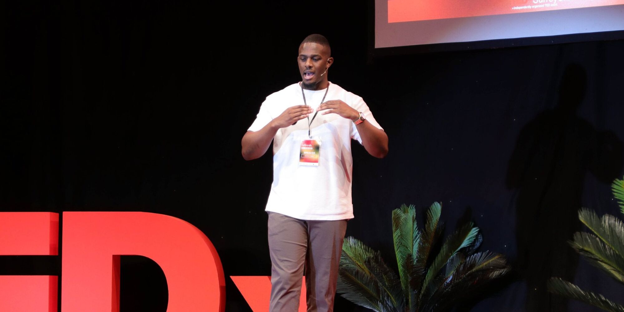 James Frater giving a TEDx talk on stage
